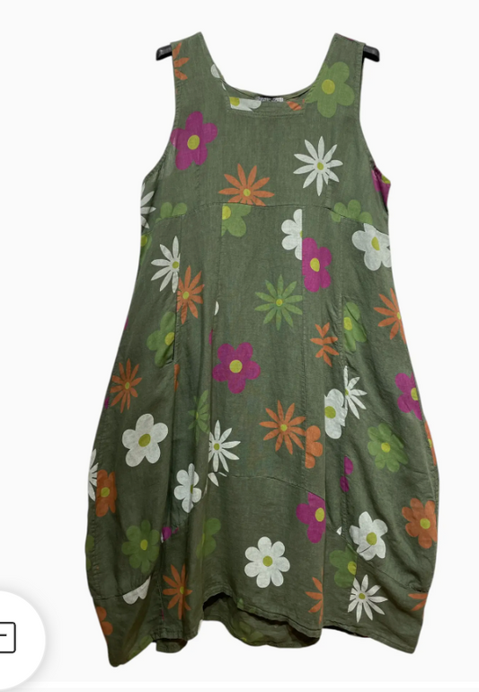 LINEN - Happy Flora Dress - 8119322 - Olive Green