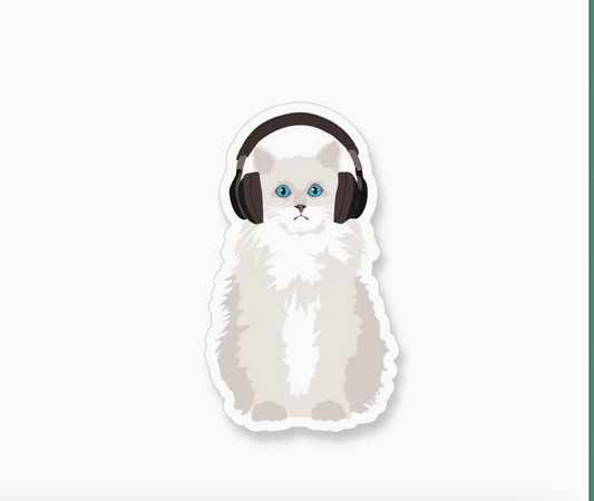 A2 - White Cat with Headphones Sticker