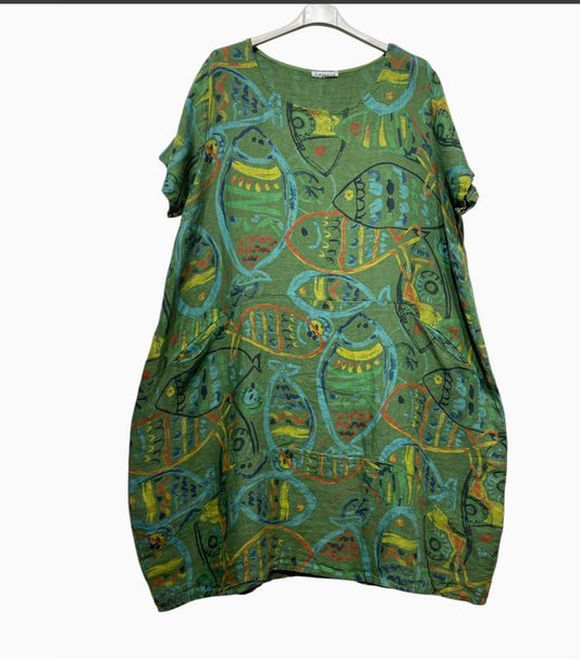 LINEN - Fish Pattern Dress - 17600 - Green