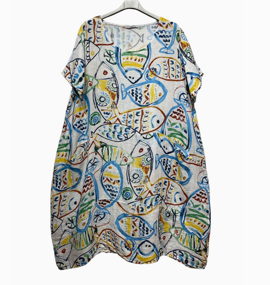 LINEN - Fish Pattern Dress - 17600 - White