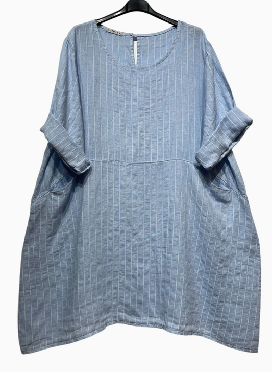 LINEN-  Short Dress - 6719 - Sky Striped
