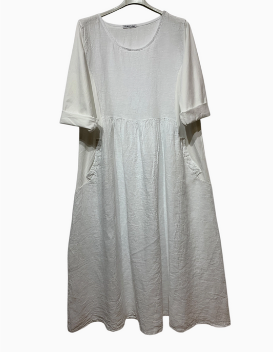 LINEN Long Dress w/Large Pockets - 6342 - white