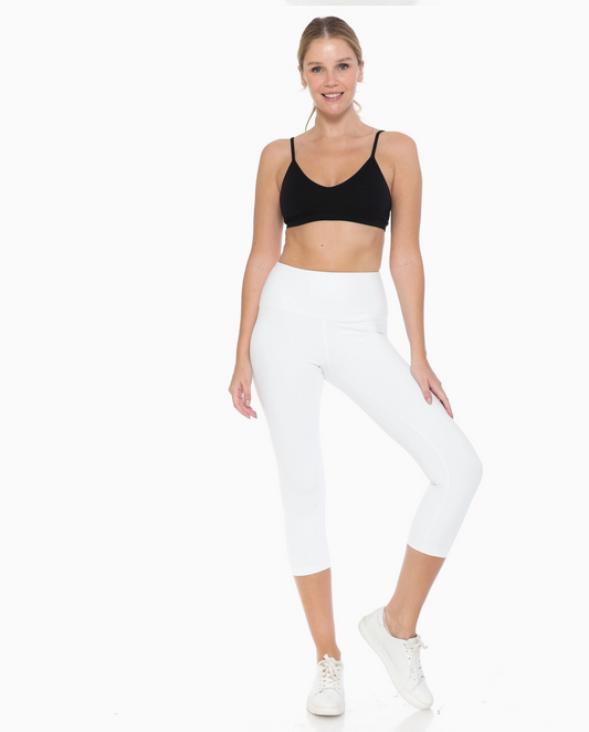 LEGGINGS - Premium High Waist Activewear Capri Leggings (21" Inseam) - White - Small