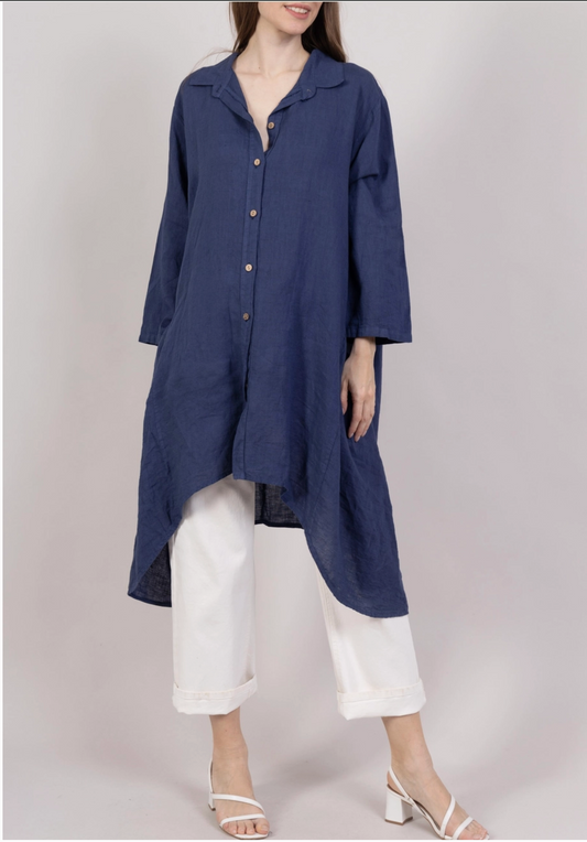 LINEN - Hi-Lo Big Pocket Top - 0235 - Blue