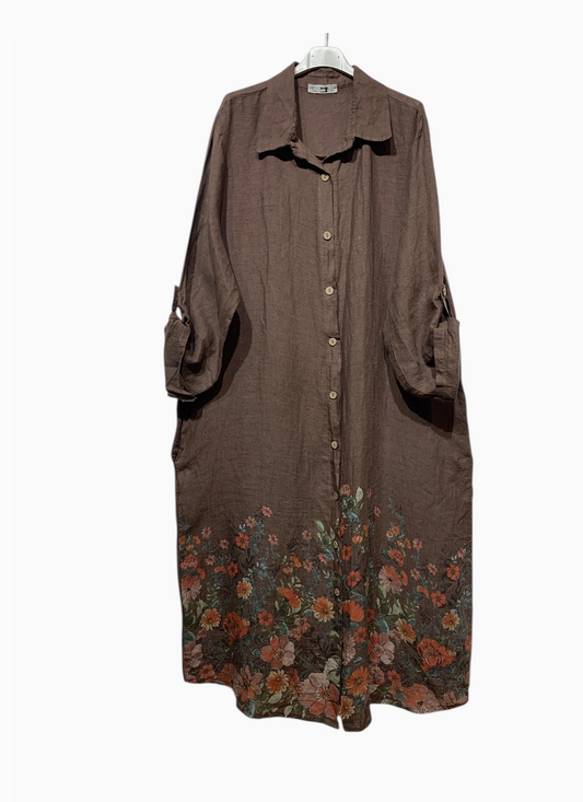 LINEN - Long Pocketed Shirt w/ Floral Bottom - 20272B - Brown