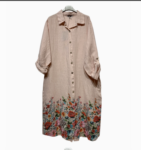 LINEN - Long Pocketed Shirt w/ Floral Bottom - 20272B - Rose