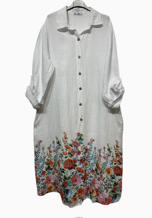 LINEN - Long Pocketed Shirt w/ Floral Bottom - 20272B - White