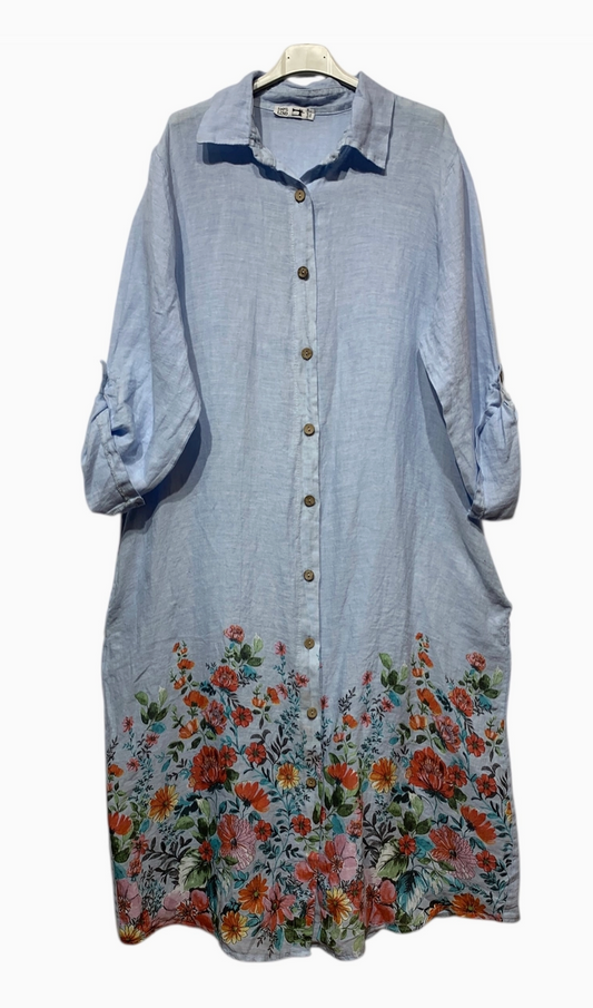 LINEN - Long Pocketed Shirt w/ Floral Bottom - 20272B - Sky