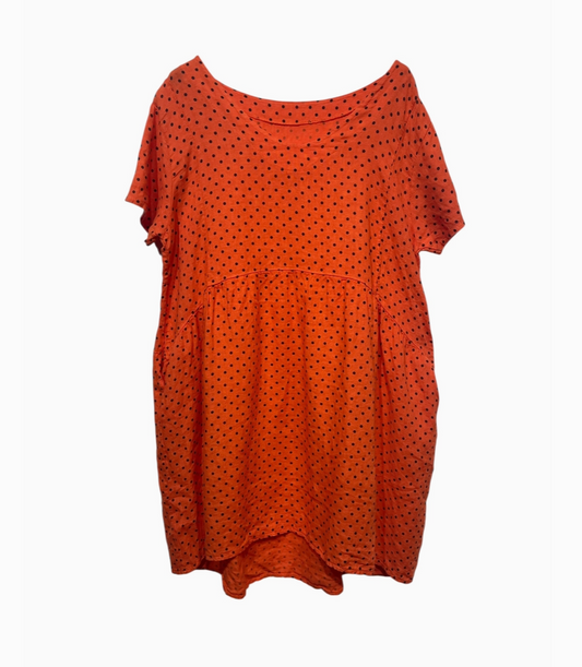 LINEN - Short Polka Dot Dress - 6063 - Orange