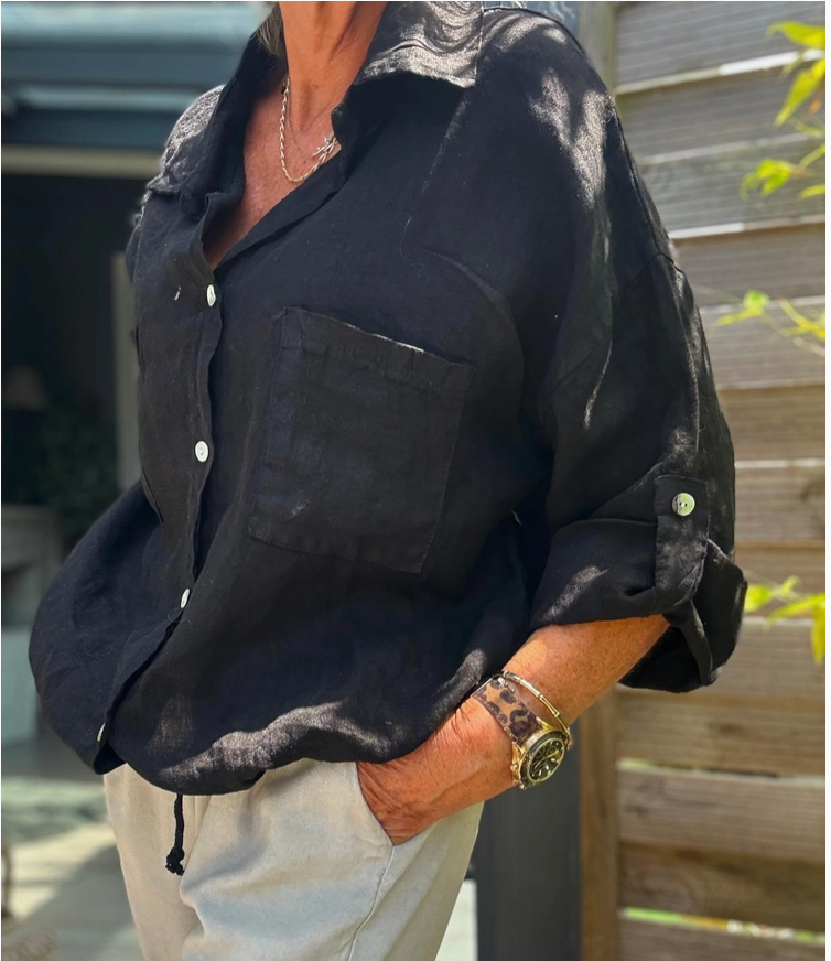 LINEN - Blouse w/ Front Pockets - 9135 - Black