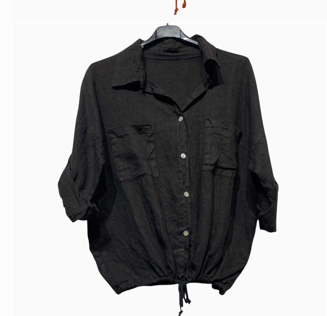 LINEN - Blouse w/ Front Pockets - 9135 - Black