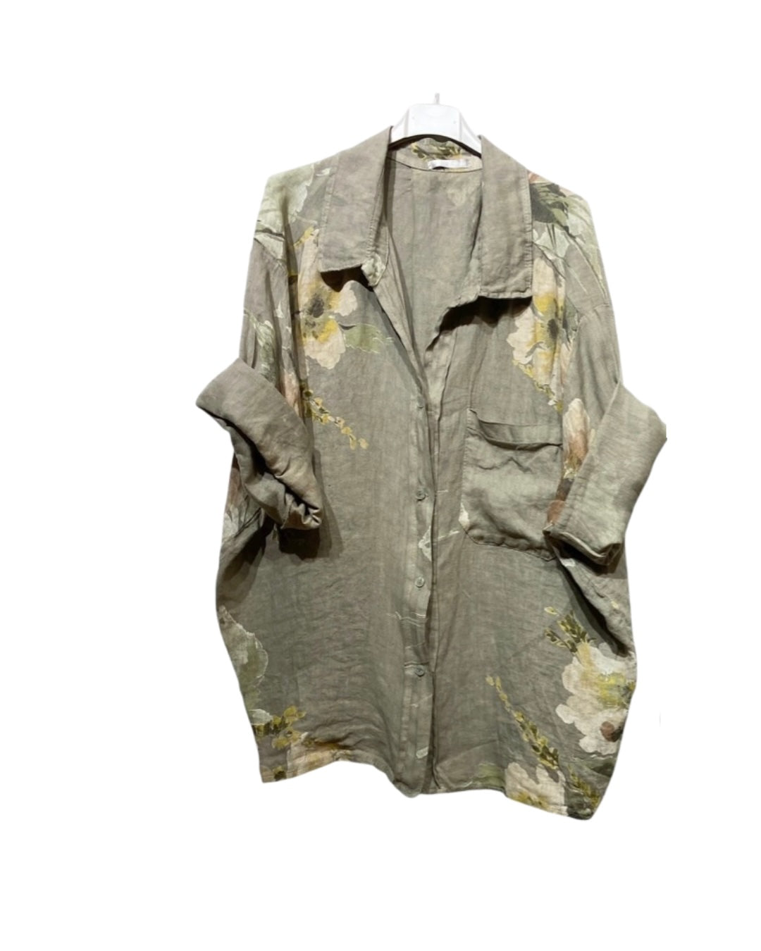 LINEN - Floral Blouse w/ front Pockets - 350 - Taupe
